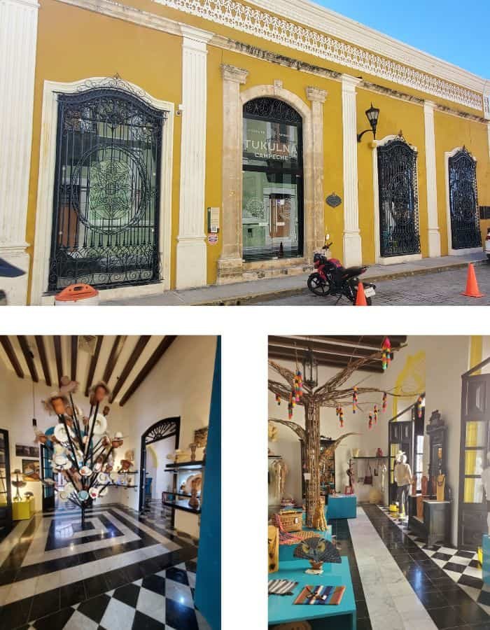 Three-image collage showing an artisan mall in Campeche: the top image features a mustard-yellow colonial building with ornate black iron doors and stone columns; the bottom two images show colorful interiors with handcrafted goods, art displays, and decorative lighting inside the artisan market.