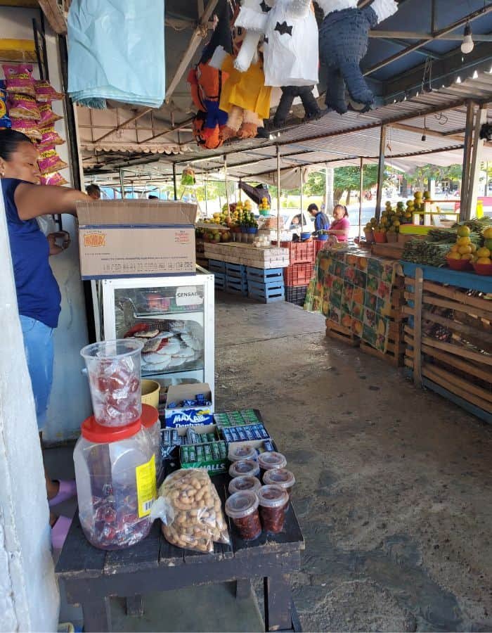 Local market stall in Campeche selling dried fruits, snacks, and produce, with shelves of colorful packaged goods and hanging piñatas overhead. A vendor stands behind the counter as customers browse under the shaded, open-air structure.