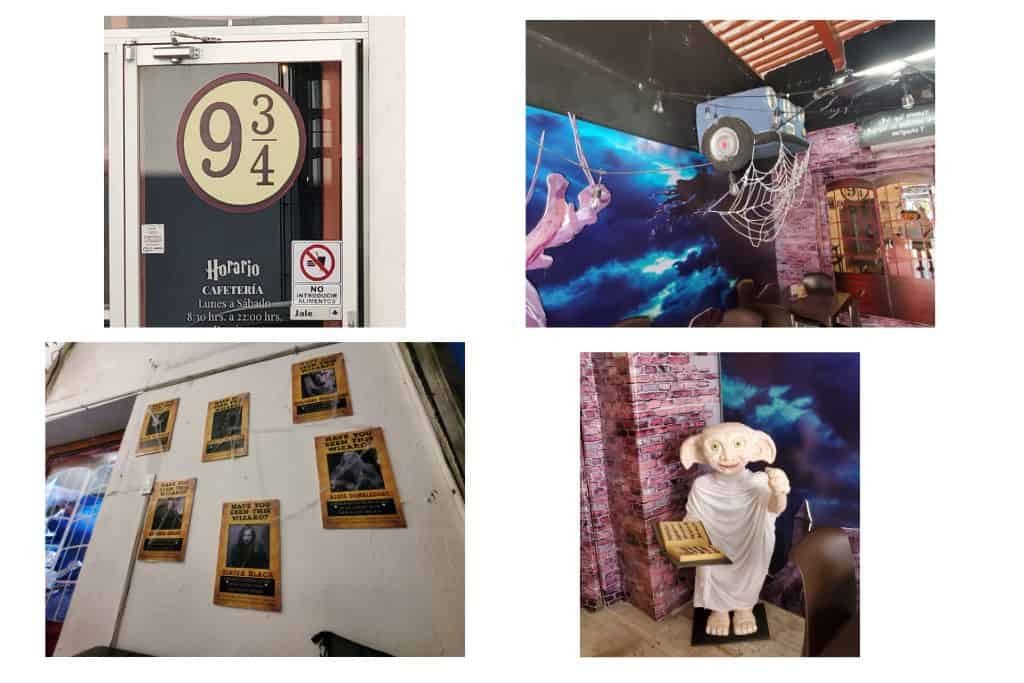 Collage of four images from a Harry Potter-themed café or attraction in Campeche. Includes a door labeled “9¾,” a scene with flying broomsticks and a trolley cart, a wall with framed “wanted” wizard posters, and a figure of Dobby the house-elf holding a book.