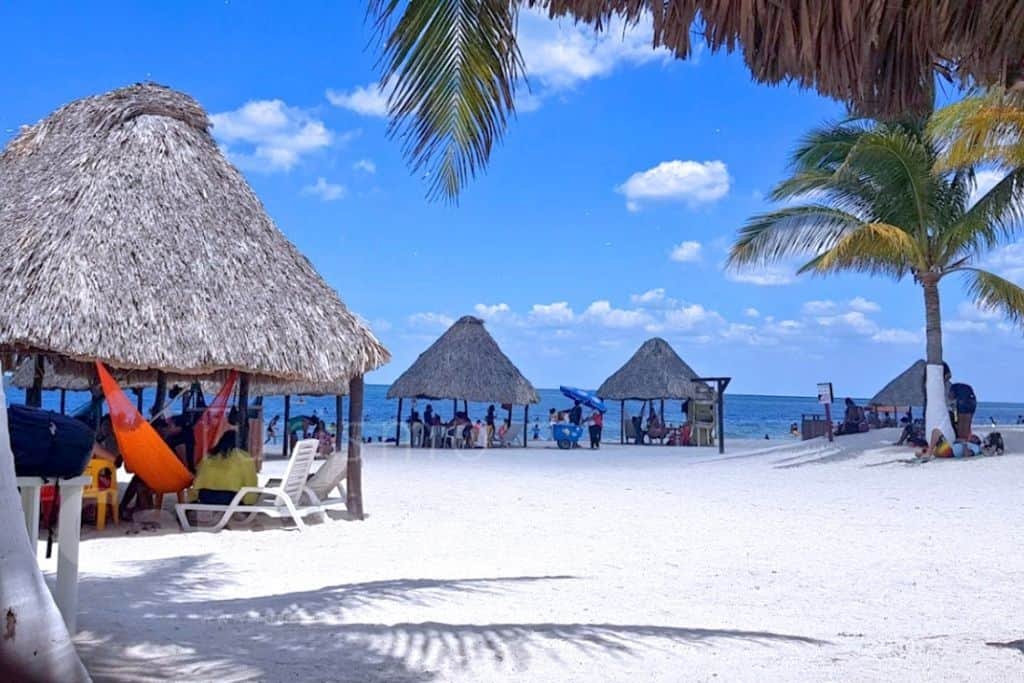 Tropical beach scene at Playa Bonita in Campeche, Mexico, featuring white sand, palapas with hammocks, and tall palm trees. Visitors relax in the shade or by the water under a bright blue sky dotted with fluffy clouds.