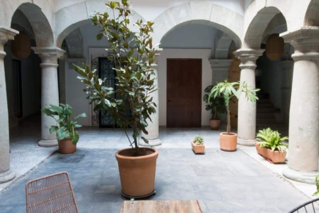 A quiet courtyard with stone archways and columns features potted plants of varying sizes, including a tall tree in the center. The neutral walls and wooden door create a calm, shaded atmosphere.