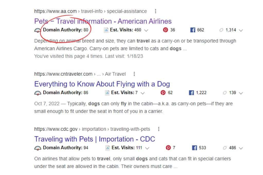 Search page showing Domain Authority