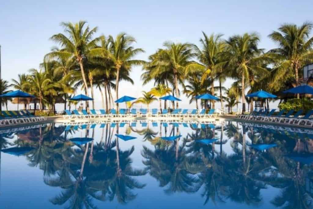 A tranquil resort pool at a Cozumel hotel reflects rows of palm trees, blue lounge chairs, and matching umbrellas, with the ocean and sky blending seamlessly in the background. The scene exudes tropical relaxation and symmetry.