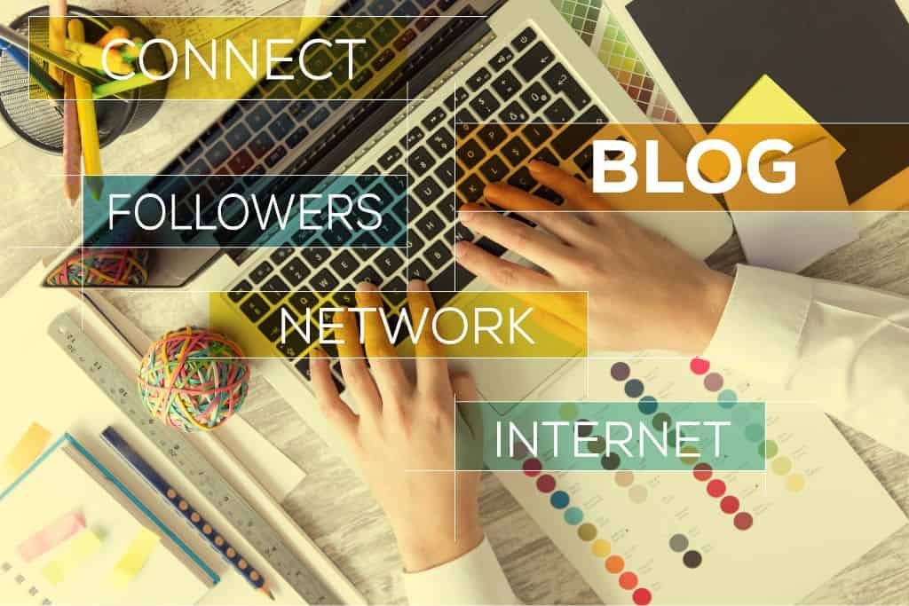 Hands typing on a laptop keyboard with overlaid text reading “CONNECT,” “FOLLOWERS,” “NETWORK,” “BLOG,” and “INTERNET.” Color swatches, pencils, and office supplies surround the workspace, emphasizing digital content creation.