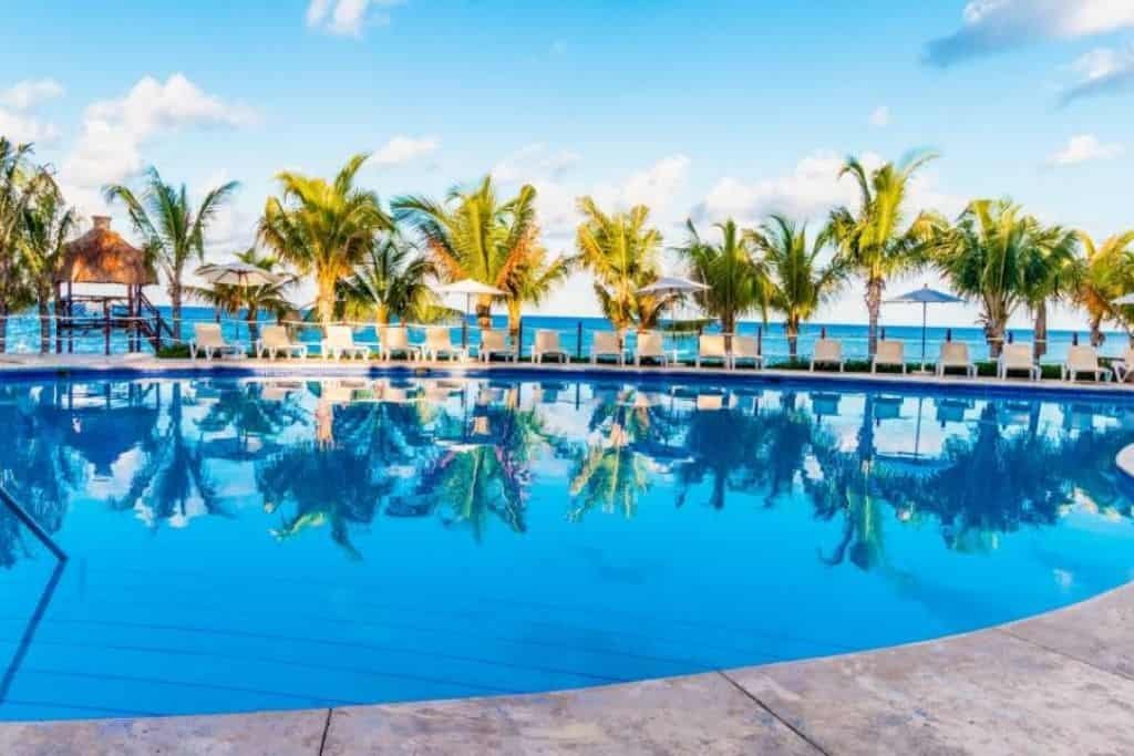 Curved resort pool reflects rows of palm trees and a bright blue sky, creating a mirror-like effect on the water. Lounge chairs and umbrellas line the poolside with views of the ocean in the background.