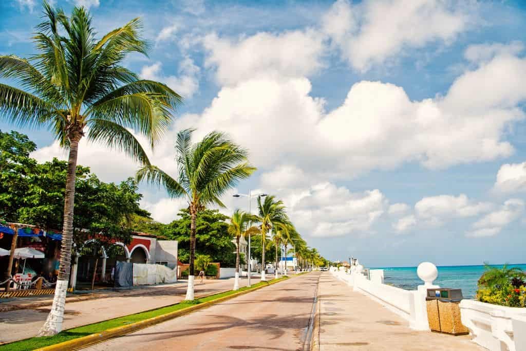 Sunny view of the Cozumel Malecón, a seaside promenade lined with palm trees, colorful buildings, and a white stone wall bordering the bright blue Caribbean Sea under a partly cloudy sky.