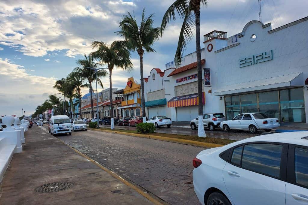 A a coastal street in Cozumel lined with palm trees and colorful buildings with shops and restaurants. Parked cars line both sides of the road, and the ocean is visible on the left beyond a white seawall. The sky is partly cloudy, adding a relaxed tropical vibe to the scene.