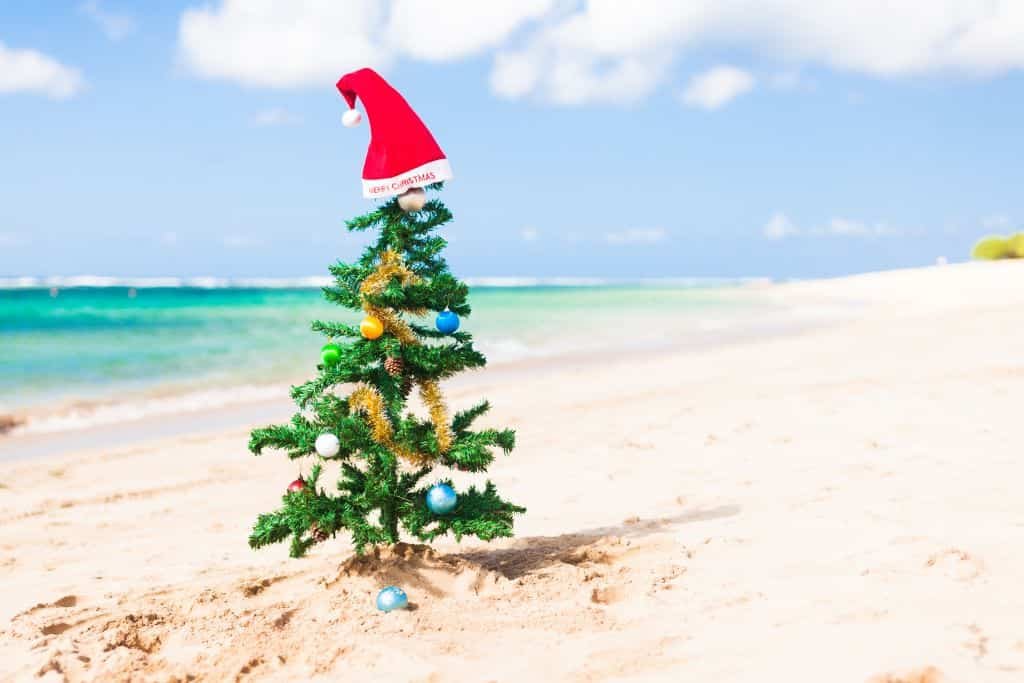 A small decorated Christmas tree stands in the sand on a sunny beach, topped with a red Santa hat instead of a star. The turquoise ocean and bright blue sky in the background create a playful contrast between tropical vibes and holiday spirit.