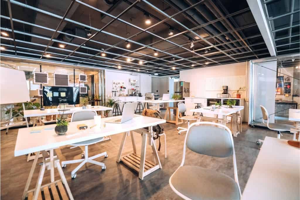 The image shows a modern open-plan office with white desks and chairs arranged in clusters. The ceiling features an exposed black grid design with recessed lighting. There are potted plants, whiteboards, and shelves adding a casual and collaborative workspace vibe.