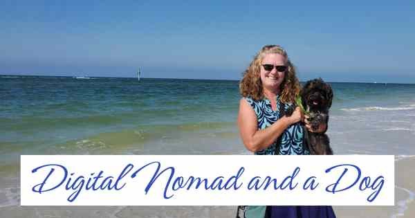 Sherry and Shelby (a black yorkiepoo) on a beach with "Digital Nomad and a Dog" written in a pretty script.