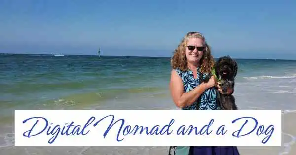 Sherry and Shelby (a black yorkiepoo) on a beach with "Digital Nomad and a Dog" written in a pretty script.
