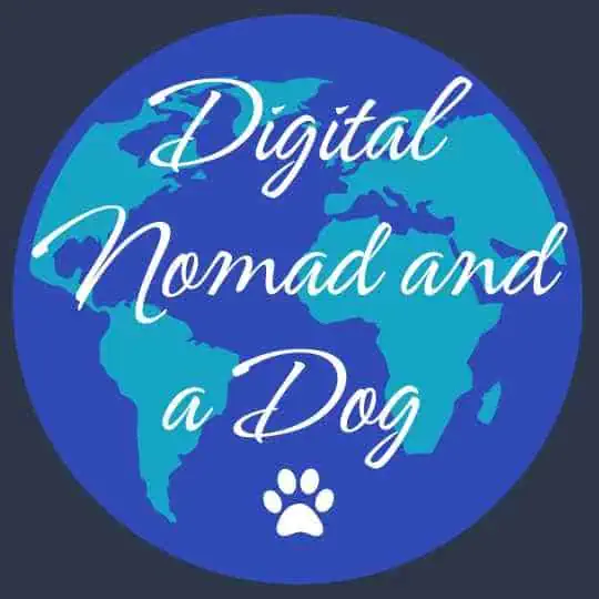 Globe with "Digital Nomad and a Dog" written across it. There's a small paw print at the bottom.