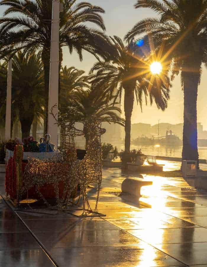 Christmas in Split is bathed in golden sunlight as it shines through palm trees along a waterfront promenade. A decorative sleigh and reindeer frame the festive scene, blending coastal beauty with holiday charm.