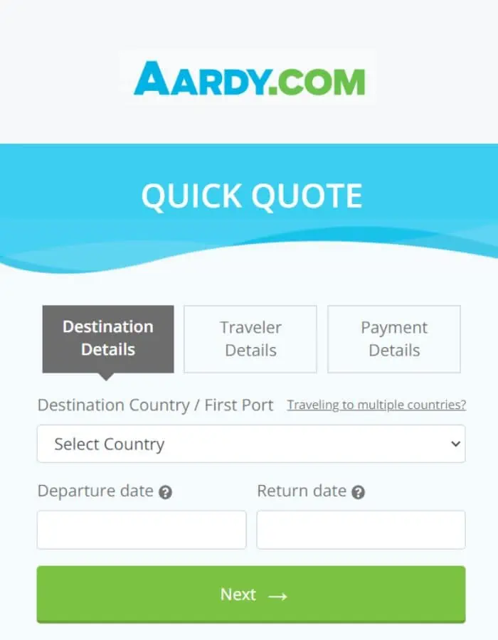 Aardy.com with a quick quote form asking for destination details, traveler details and payment details.