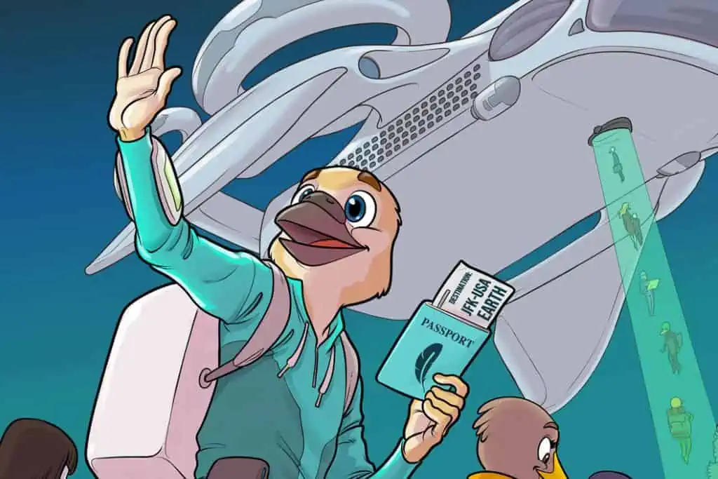 A cartoon bird with a passport waving while about to get on a spaceship.