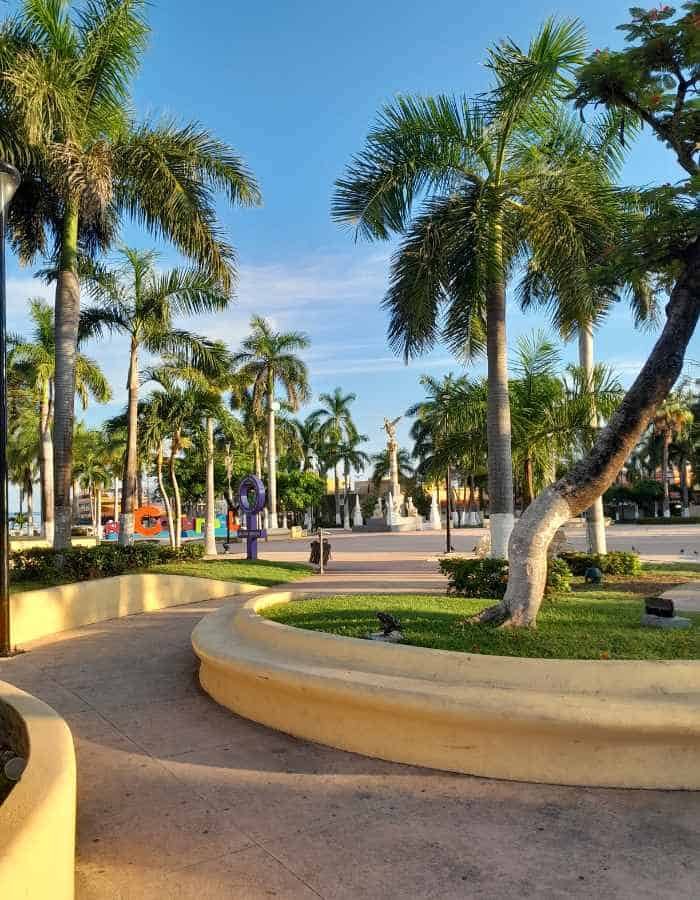A sunny plaza lined with tall palm trees and curved yellow concrete benches. A paved walkway leads toward a central monument in the distance, surrounded by open space and greenery. The sky is clear and bright blue, giving the area a warm, tropical feel.
