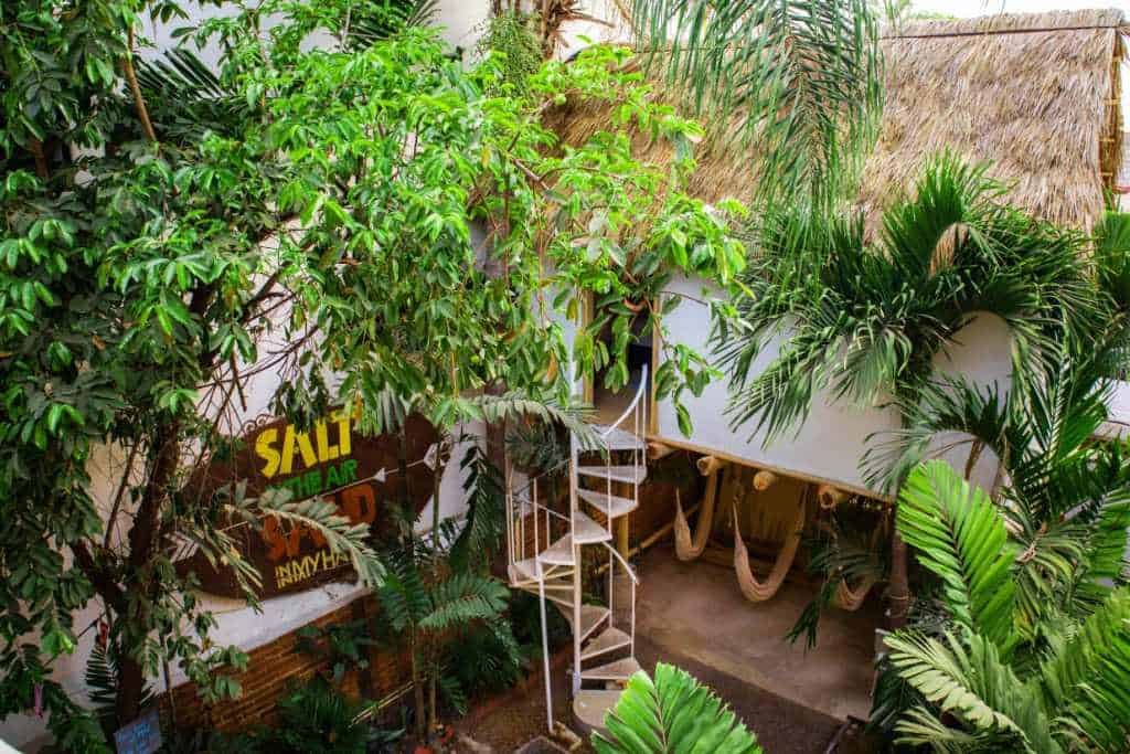 An outdoor space with many plants and palm trees. There's a row of hammocks and a spiral staircase leading to the second floor.