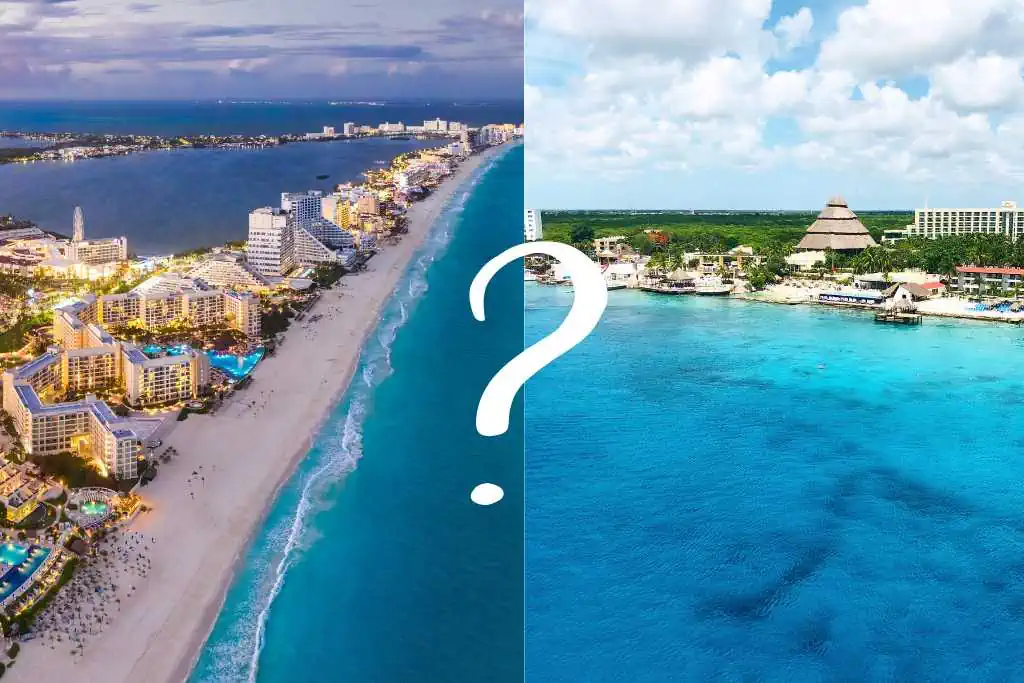 Split image with Cancun on the left and Cozumel on the right with a question mark. Is Cozumel safer than Cancun?