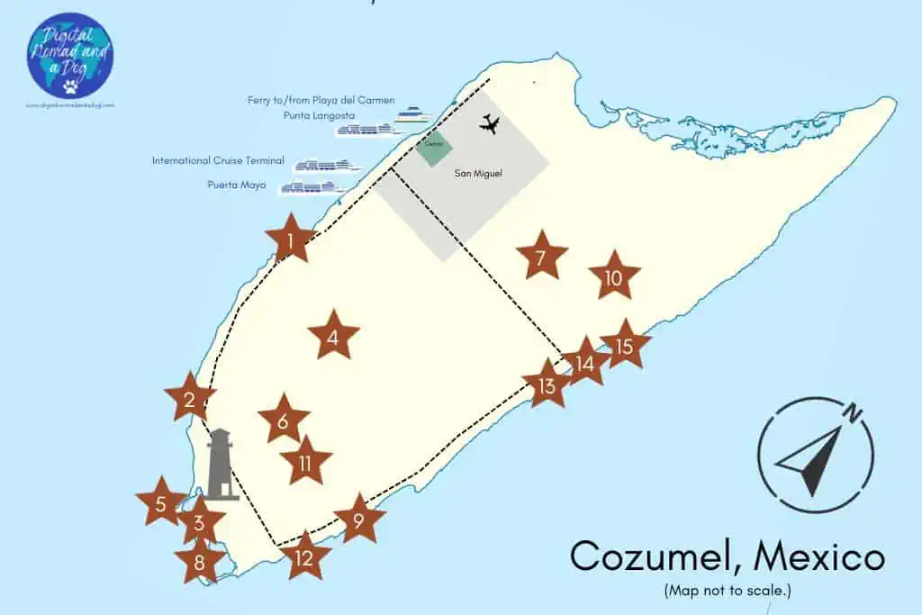 Map of the spots for hiking in Cozumel