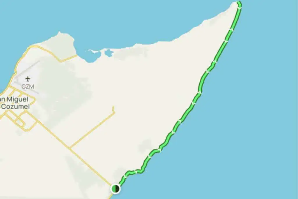 Map of Cozumel showing the location of Mezcalitos to Punta Molas hike