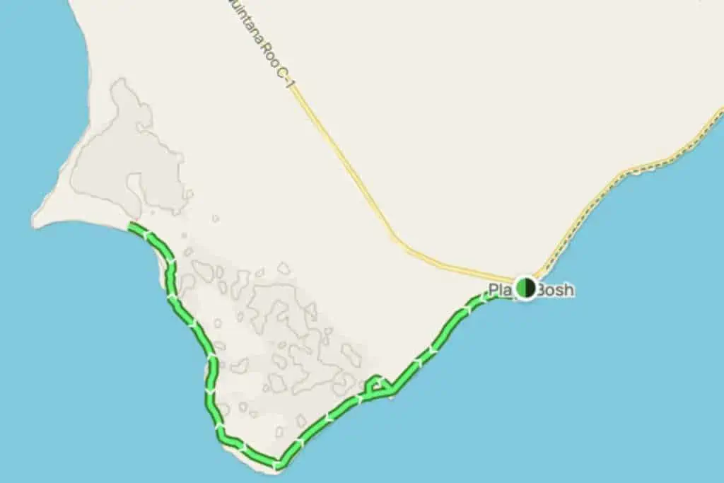 Map of Cozumel showing the location of Bosh Beach to Playa Mas Hermosa hike