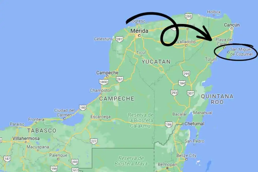 A map of the Yucatán Peninsula highlights the northeastern coast with a bold black arrow and circle. The marked area is near Cancun and Isla Mujeres on the Caribbean Sea.