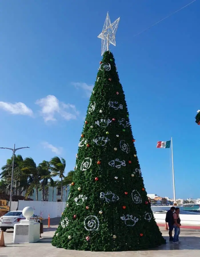 A towering outdoor Christmas tree decorated with ornaments and white marine-themed designs stands beneath a clear blue sky, topped with a large wireframe star. Palm trees sway in the background, and a Mexican flag waves near the waterfront, creating a festive tropical holiday scene.