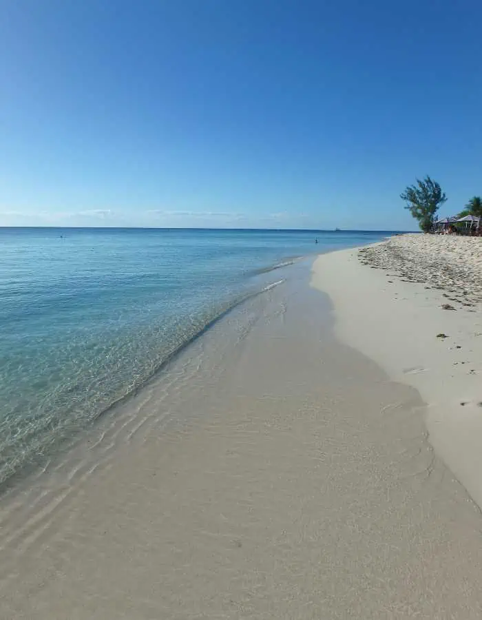 A tranquil stretch of beach with clear, shallow water gently lapping against smooth, white sand under a bright blue sky. The shoreline curves toward a distant tree line, creating a peaceful, untouched coastal scene.