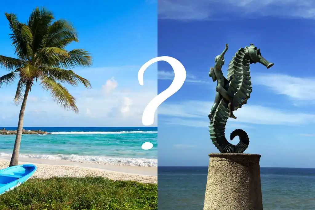 On the left, a tranquil beach scene with a single palm tree leaning over turquoise waters, near a blue kayak resting on white sand. On the right, an artistic bronze sculpture of a seahorse with a rider, perched atop a concrete pillar against a clear blue sky. (Cozumel vs Puerto Vallarta)