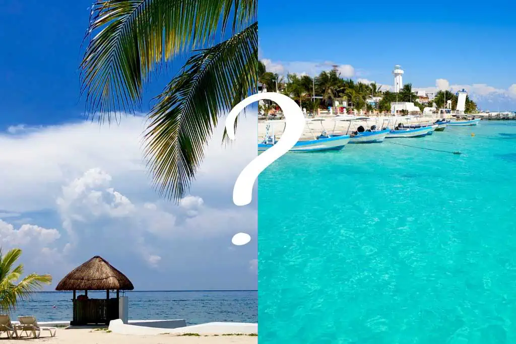 Split image contrasting two tropical destinations; on the left, a serene beach scene with a thatched-roof hut and palm fronds overlooking calm seas, and on the right, the vibrant turquoise waters of a busy marina with boats and a lighthouse in the background, highlighting the diverse appeals of Riviera Maya vs Cozumel.