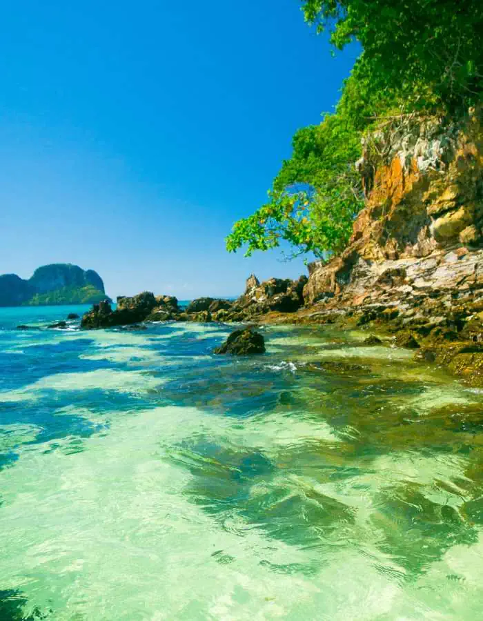 The rugged beauty of a Riviera Maya cove with translucent aquamarine waters lapping against a rocky shore, under the shade of verdant trees, with a distant view of an islet, encapsulating the serene and unspoiled coastline.