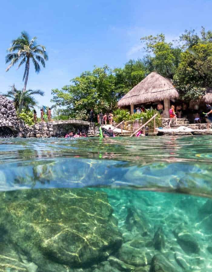 Visitors enjoy the clear, serene waters of a Riviera Maya cenote, with a thatched-roof hut and lush palm trees in the background, embodying the relaxed and natural atmosphere of this popular swimming spot in Mexico.