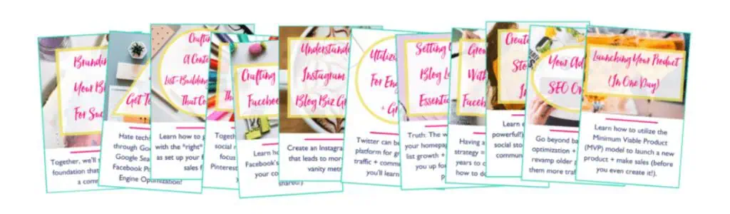 a series of cards, each representing a different lesson or module related to travel blogging and online business. The titles on the cards include "Branding Your Blog for Success," "Getting Ad-Creator Traffic," "Crafting Facebook Funnel," "Understanding Instagram Blog Biz Guide," and "Launching Your Product (In One Day)."
