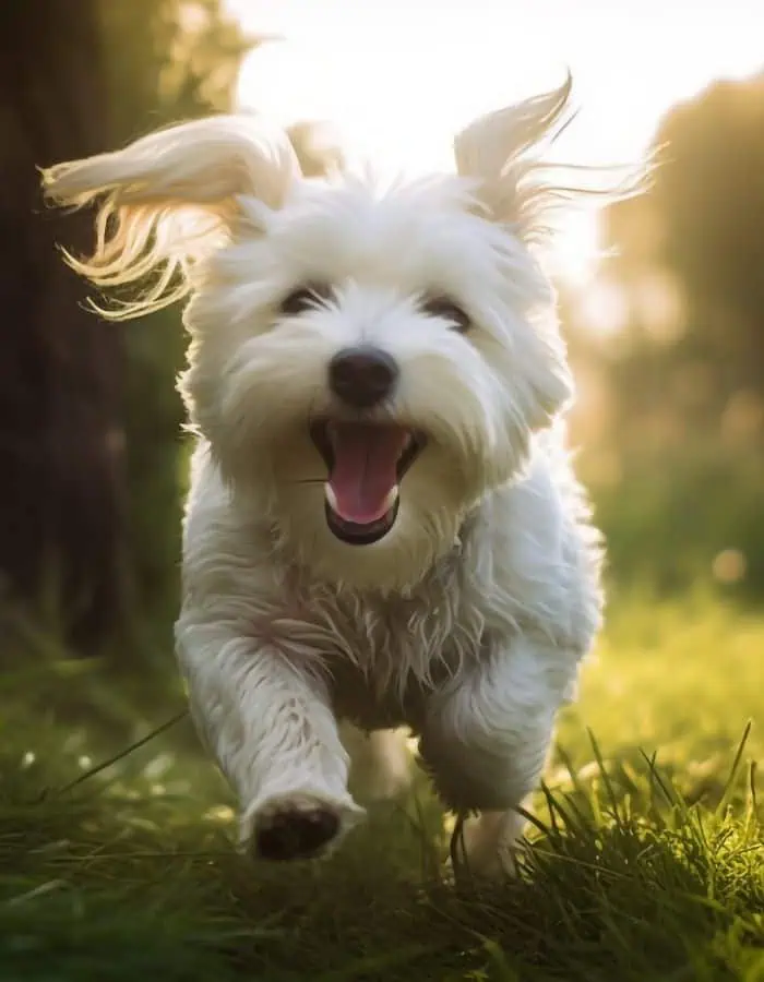 A fluffy white Maltese dog runs through a sunlit grassy field with its ears flapping and mouth open in a joyful expression. The golden light of what appears to be late afternoon or early evening filters through the background.