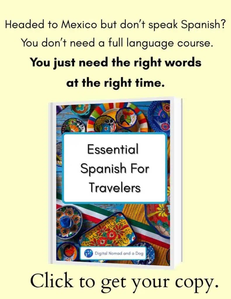 Promotional image for a guide titled “Essential Spanish For Travelers,” featuring a colorful cover with traditional Mexican-style plates and trays. The text above the book reads, “Headed to Mexico but don’t speak Spanish? You don’t need a full language course. You just need the right words at the right time.” Below the book is a call to action: “Click to get your copy.”
