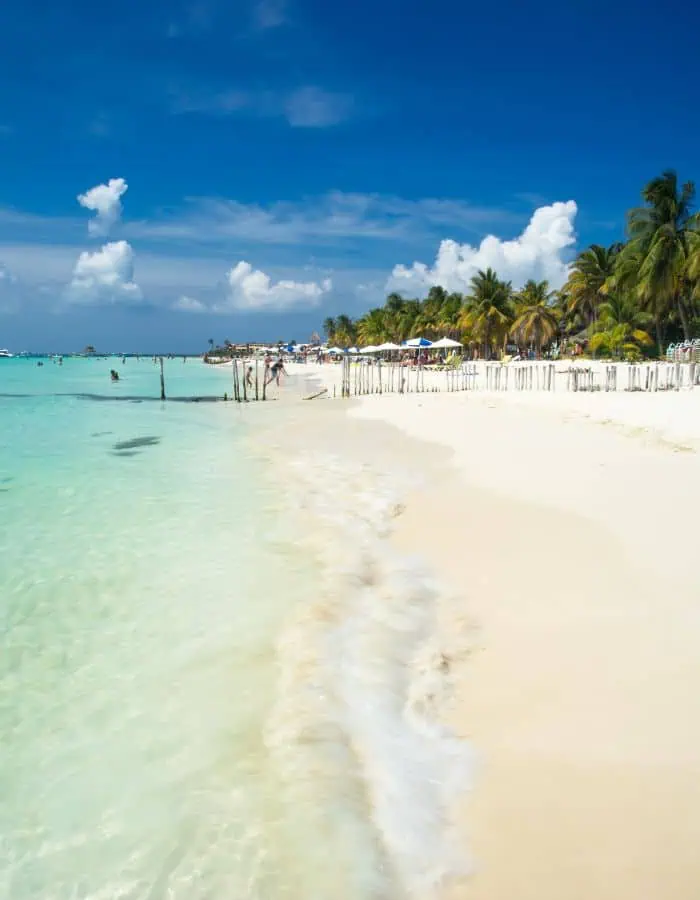 A tropical beach scene at Playa Norte on Isla Mujeres, Mexico. The photo captures turquoise waters lapping gently onto soft white sand, with palm trees and beach umbrellas lining the shore under a bright blue sky dotted with puffy white clouds.