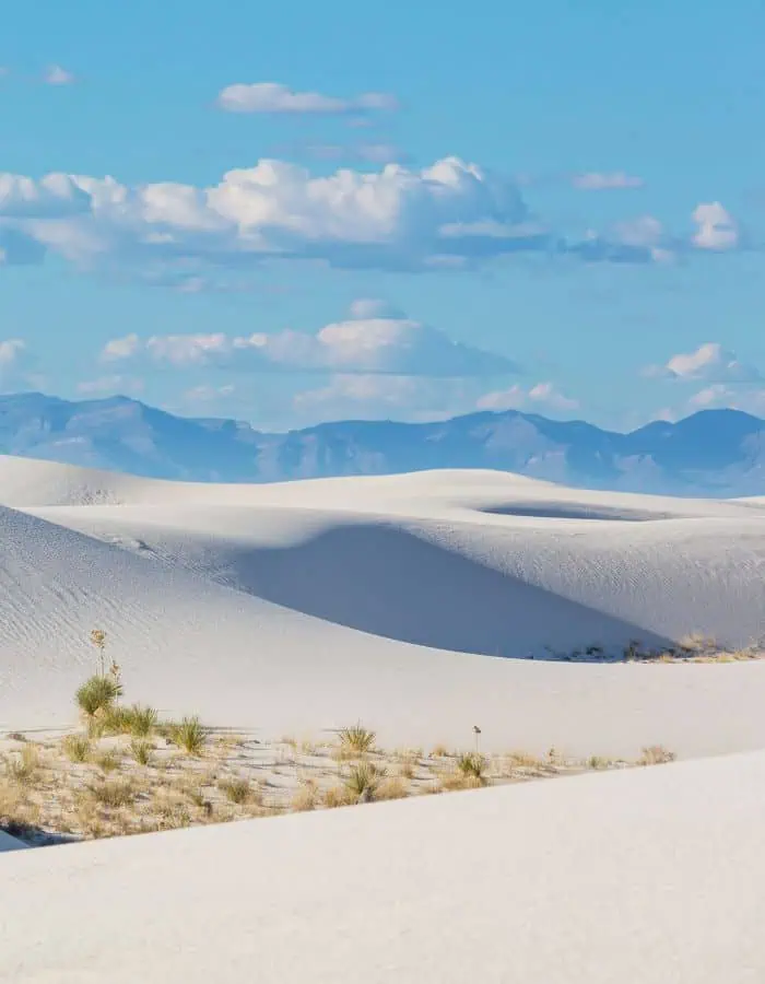 Brilliant white gypsum sand dunes ripple across the landscape at White Sands National Park, with sparse desert vegetation and distant blue mountains under a sky dotted with fluffy clouds. The bright light and soft shadows give the scene a dreamy, almost surreal quality.
