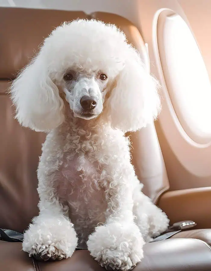 Elegant white poodle with a fluffy coat sitting upright on a leather seat inside a private jet, with soft sunlight streaming through the nearby window.