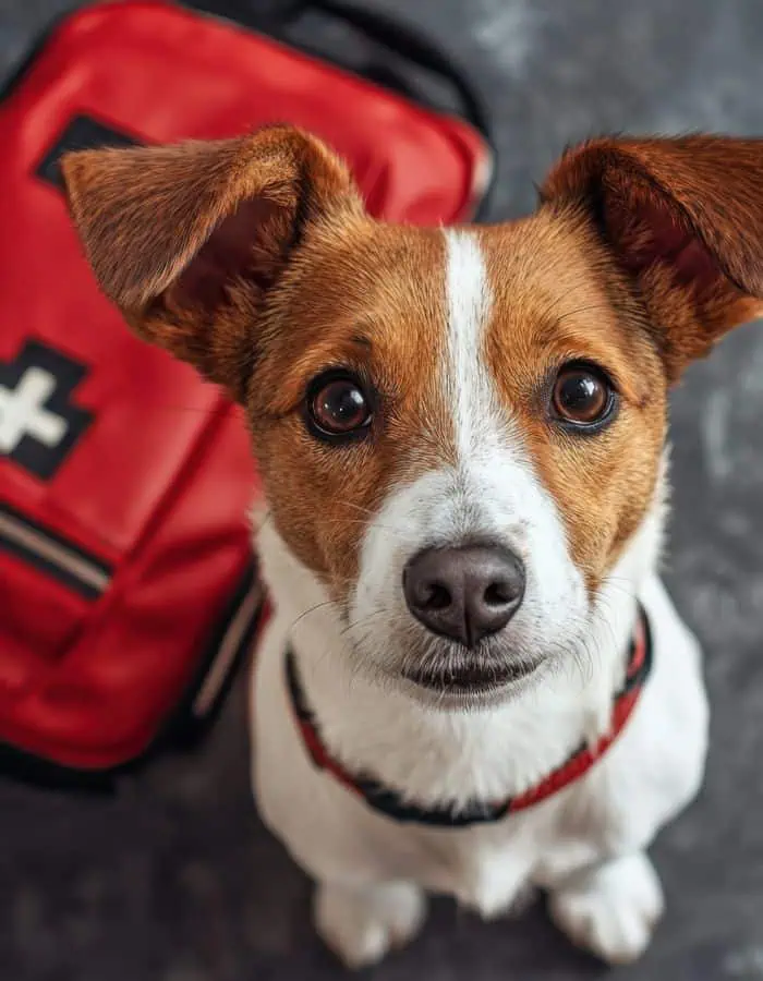 A close-up of a Jack Russell Terrier with a white and brown coat gazes directly at the camera, sitting in front of a red pet first aid kit. The dog wears a red harness, and the background suggests preparedness or travel.